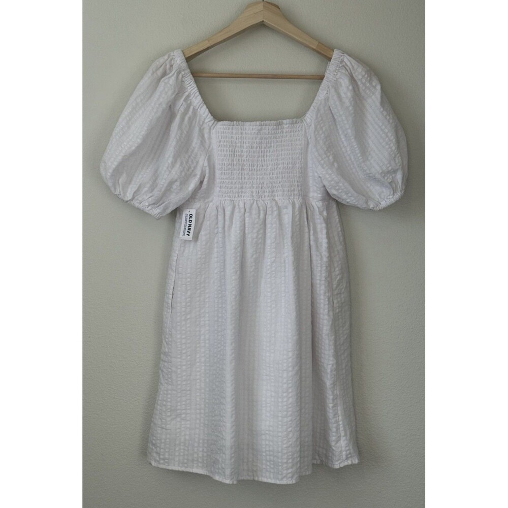 Old Navy White Seersucker Dress Puff Sleeves XS Babydoll Cottage Coastal Preppy - Picture 2 of 7